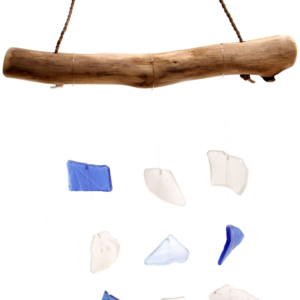 Close-up of blue and white sea glass pieces on three drop wind chime