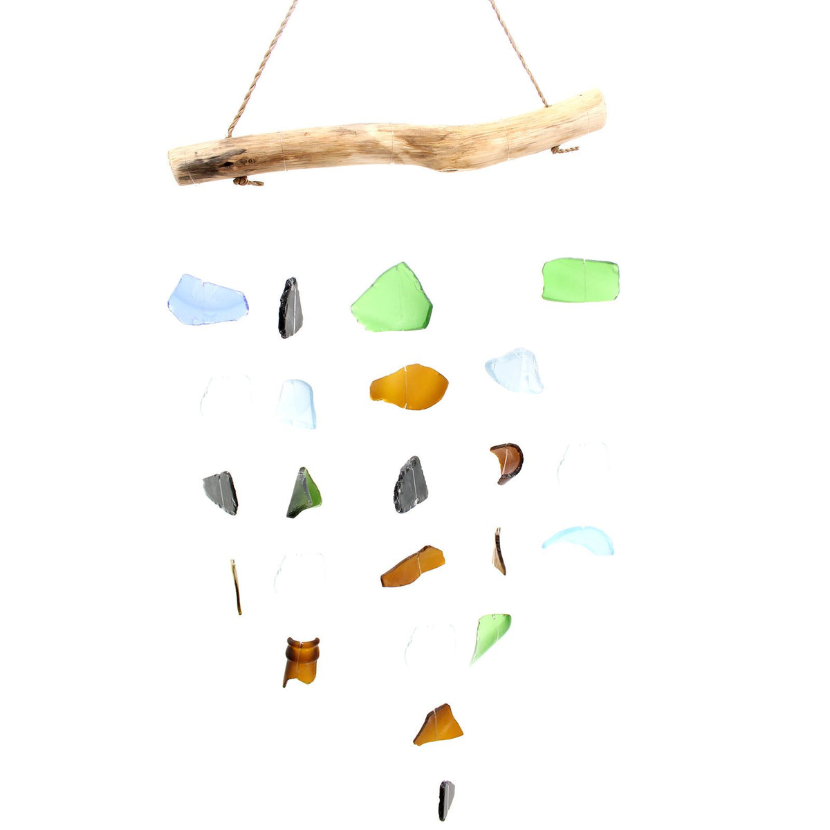 Five string multi colour glass wind chime — full product view with driftwood bar on white background