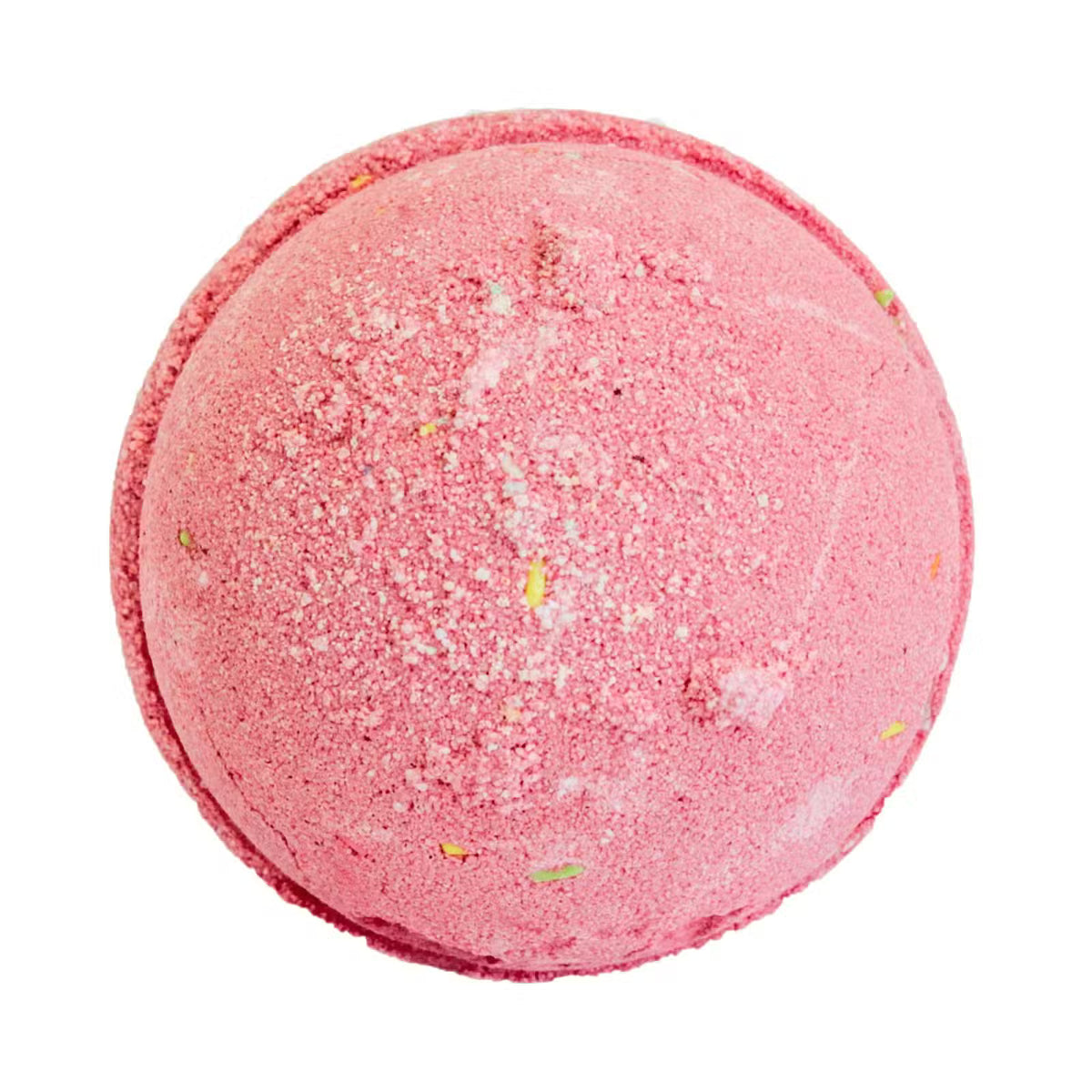 Pink strawberry margarita bath bomb with colourful speckles on white background