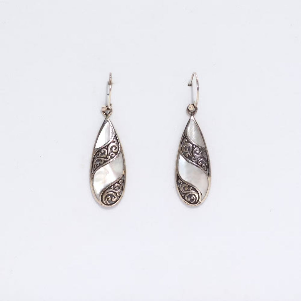 Teardrop MOP earrings close up, 925 sterling silver shell jewellery