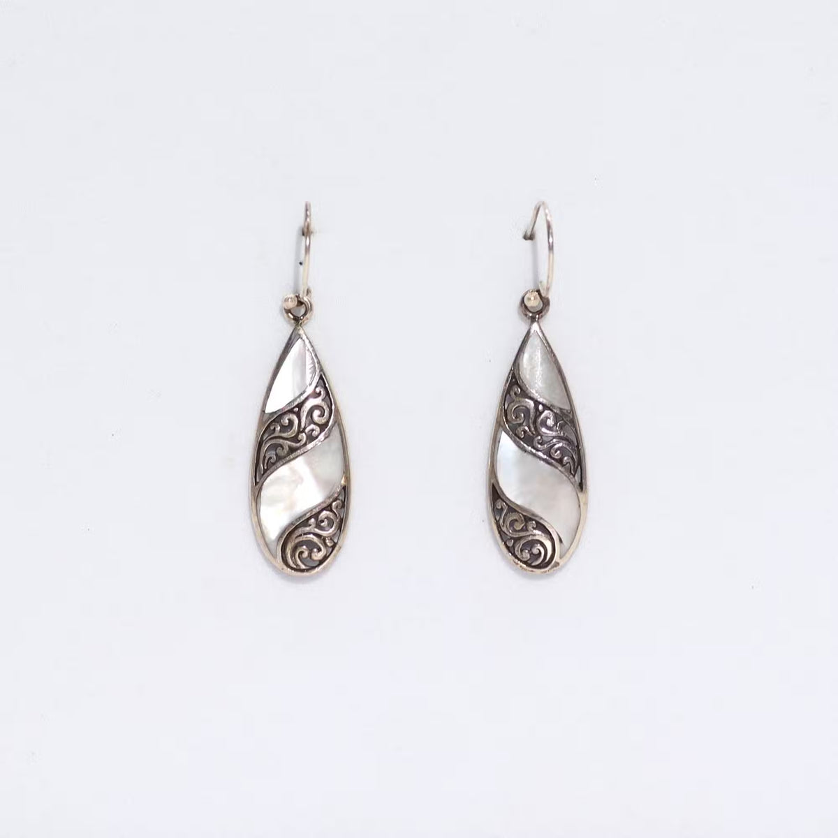 Teardrop MOP earrings close up, 925 sterling silver shell jewellery