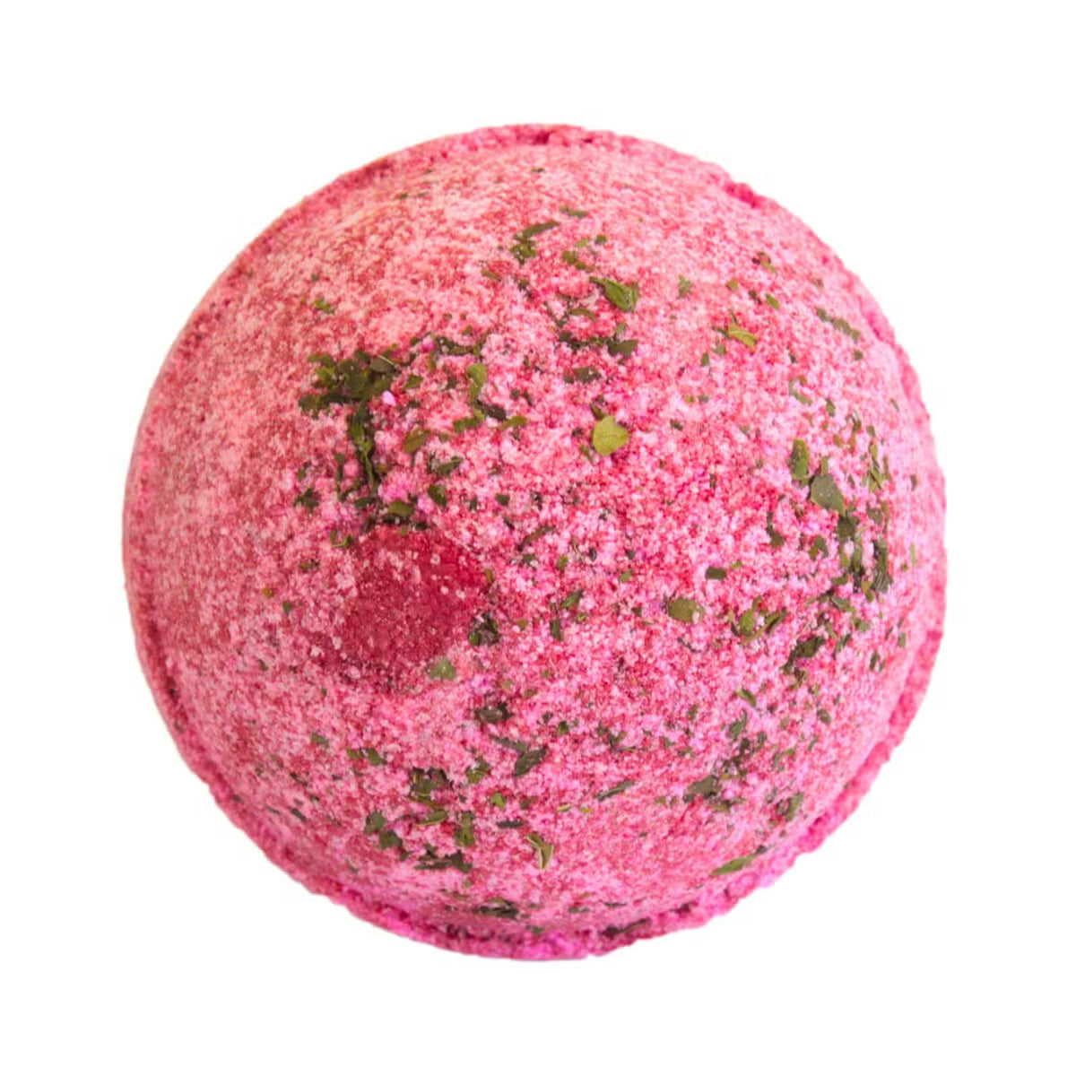  Pink strawberry mojito bath bomb with green mint leaf flecks on white background