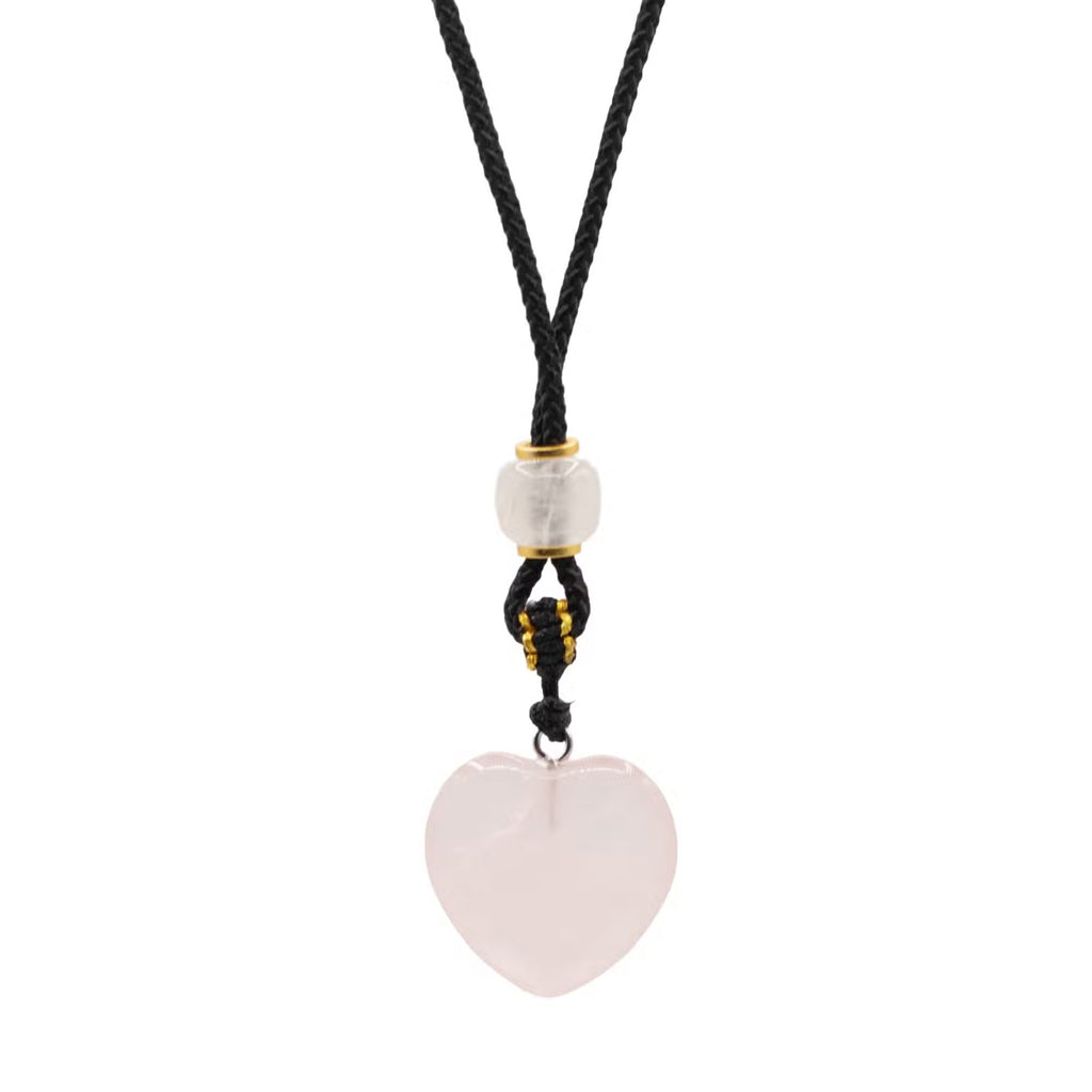 Rose quartz heart gemstone pendant on adjustable black cord necklace
