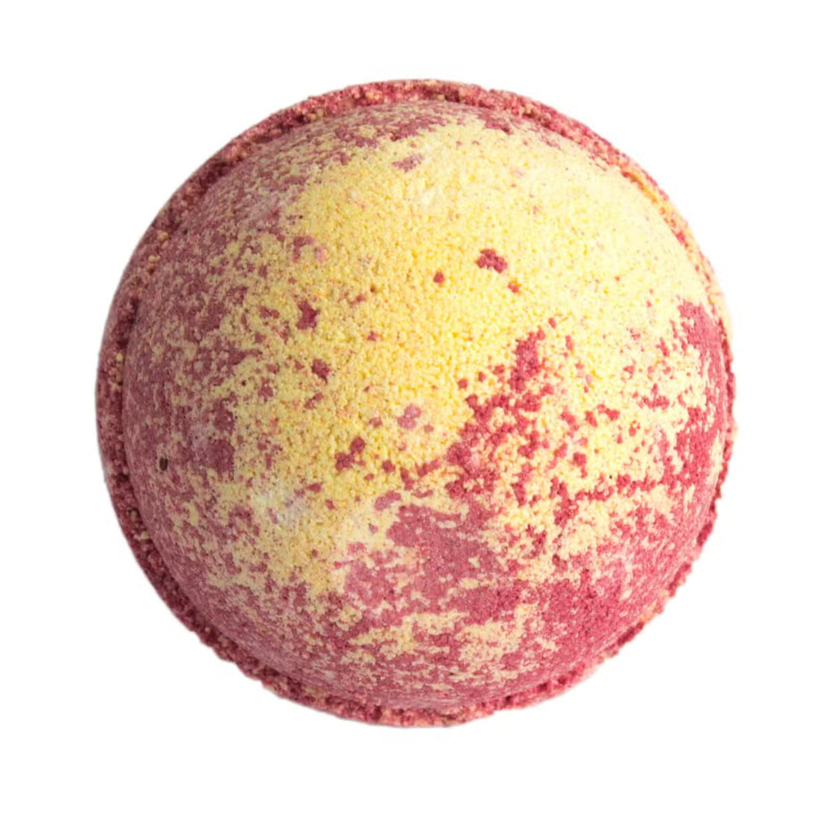  Pink and yellow Strawberry Piña Colada bath bomb on white background