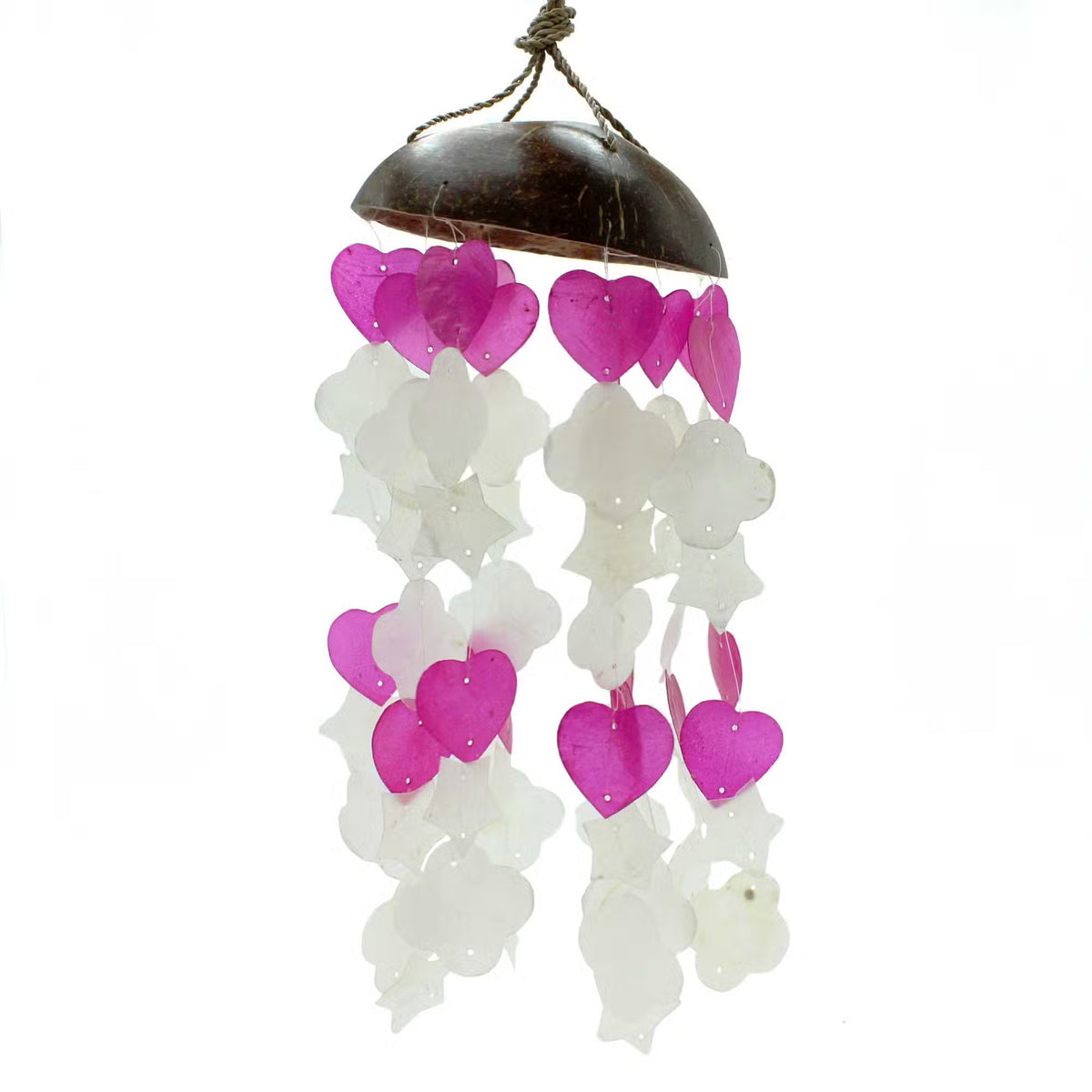 Coconut and capiz shell wind chime pink hearts and white flower shapes 35cm on white background