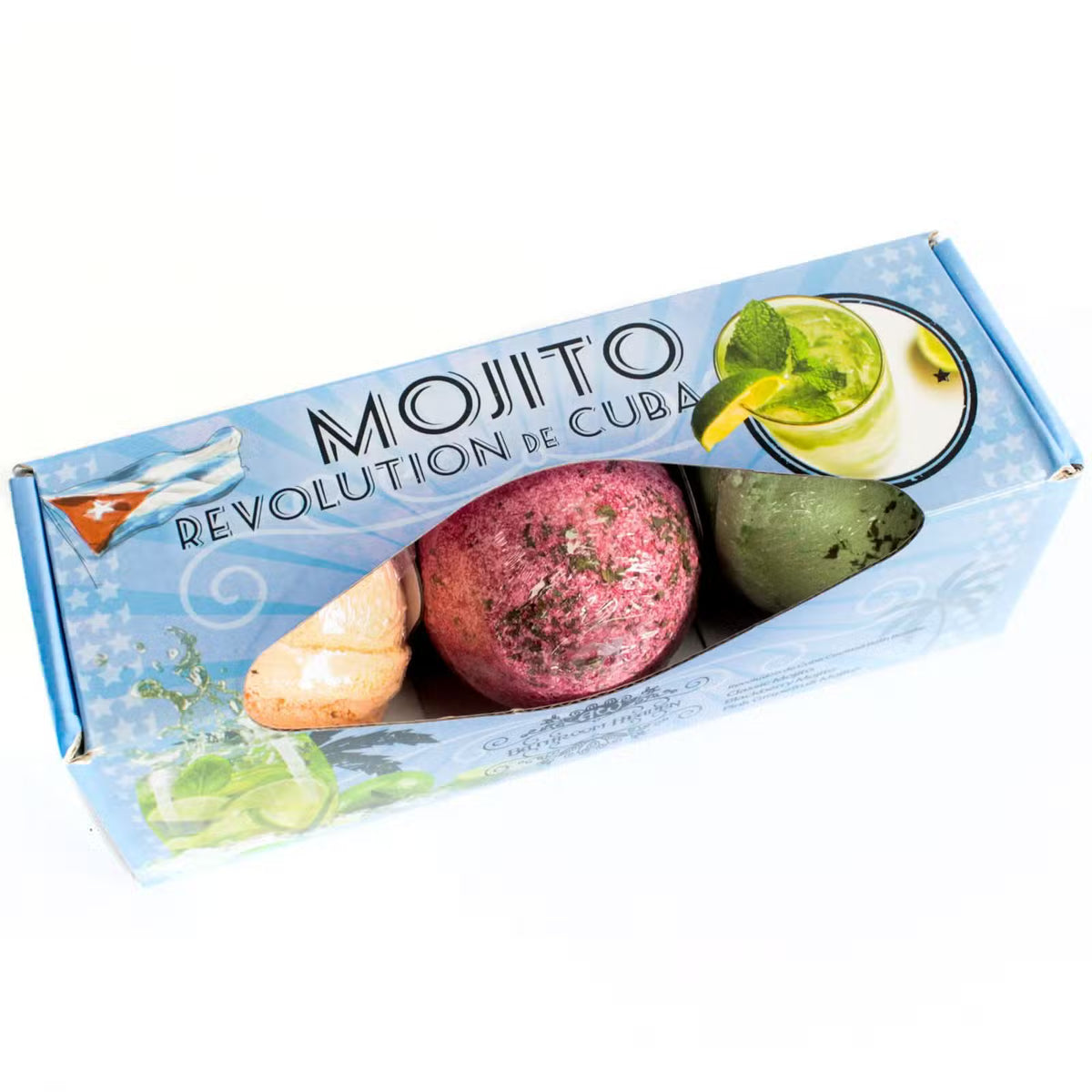 Mojito Revolution de Cuba cocktail bath bomb set of three in blue gift box showing pink green and peach bath bombs with mint leaf