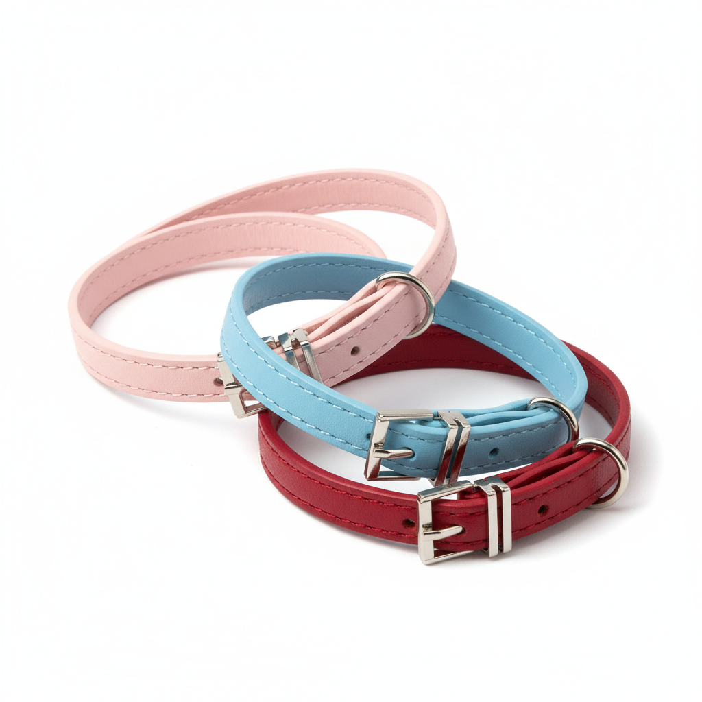 Vegan leather safety cat collars in pink, blue and red