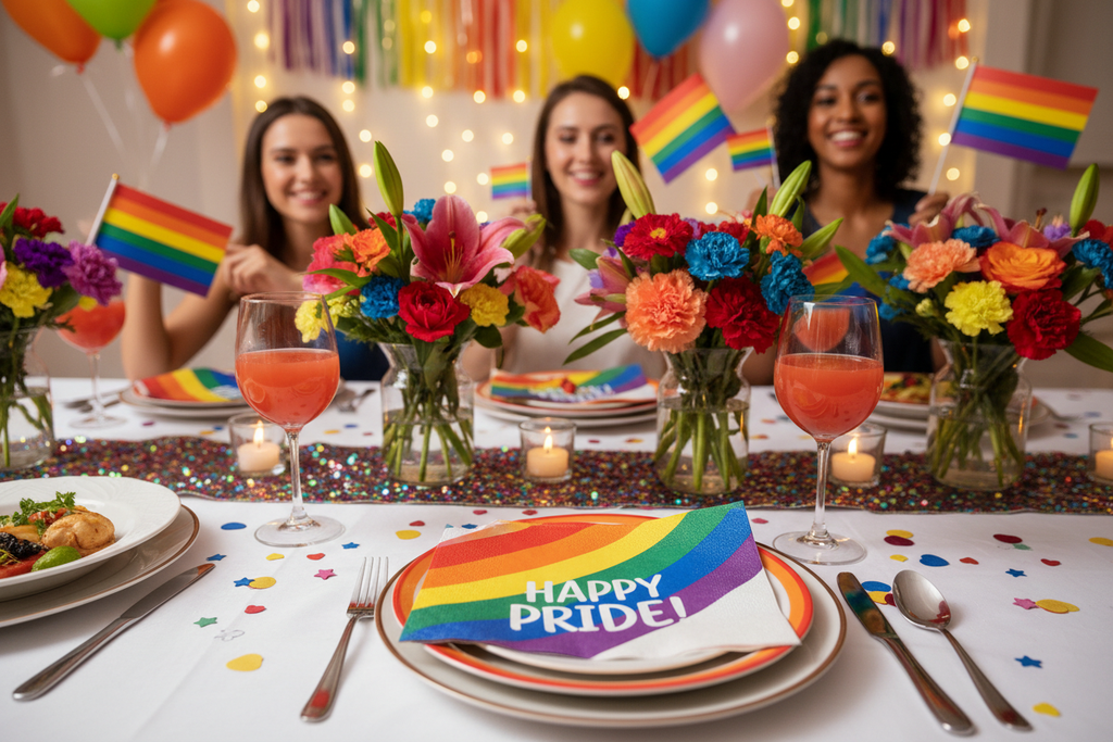 Rainbow pride napkins at celebration dinner table