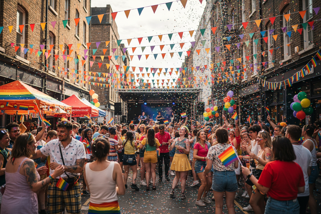 Rainbow bunting at Pride street party