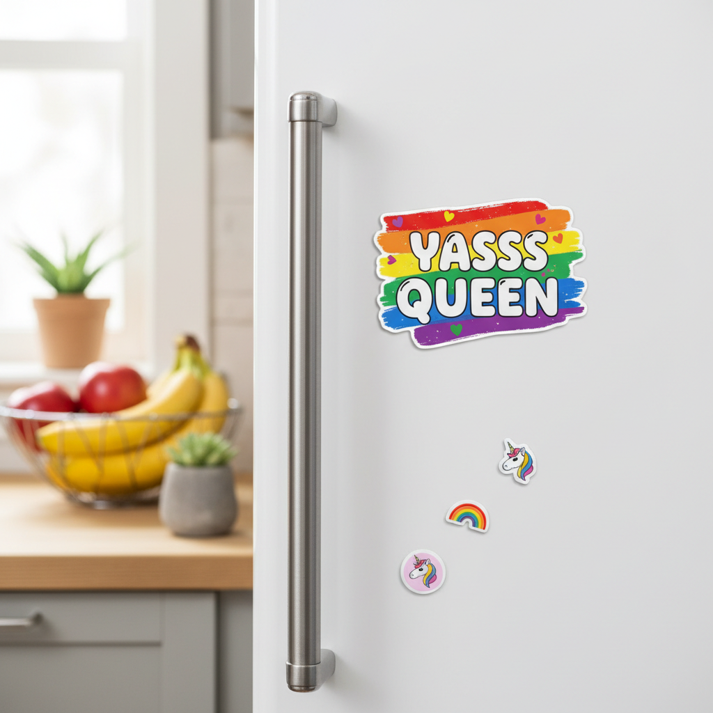 Yasss Queen fridge magnet on white fridge