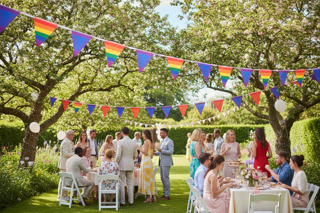 Rainbow bunting at garden party