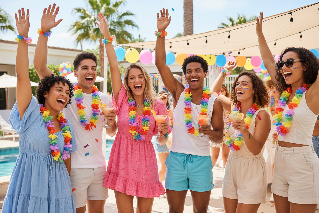 Friends wearing rainbow pride leis at party