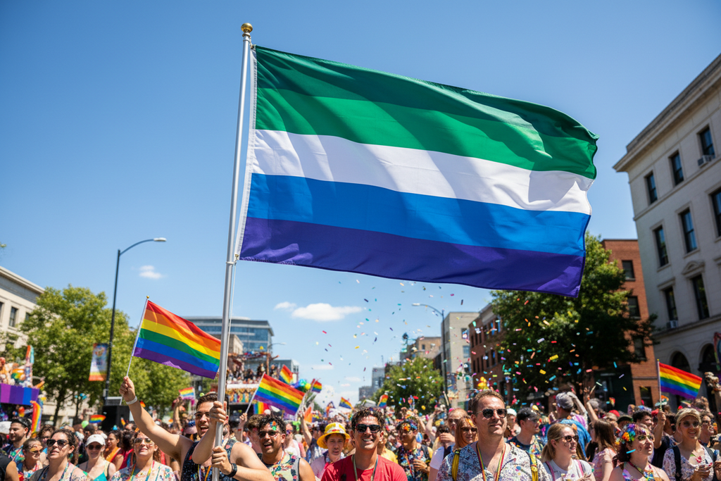 Gay Male / MLM Pride Flag 5ft x 3ft flying outdoors at a Pride parade
