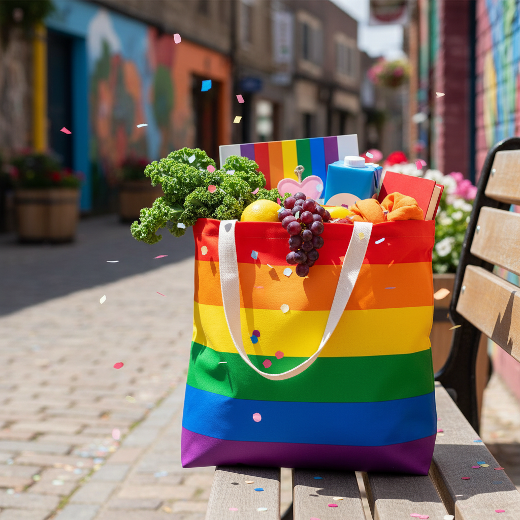 Pride Rainbow Tote Bag - filled with shopping