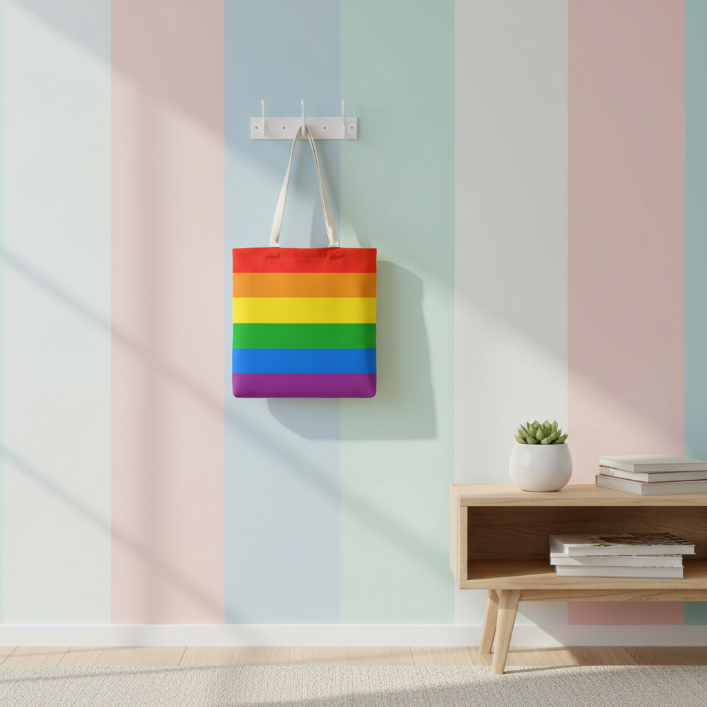 Pride Rainbow Tote Bag - hanging on wall