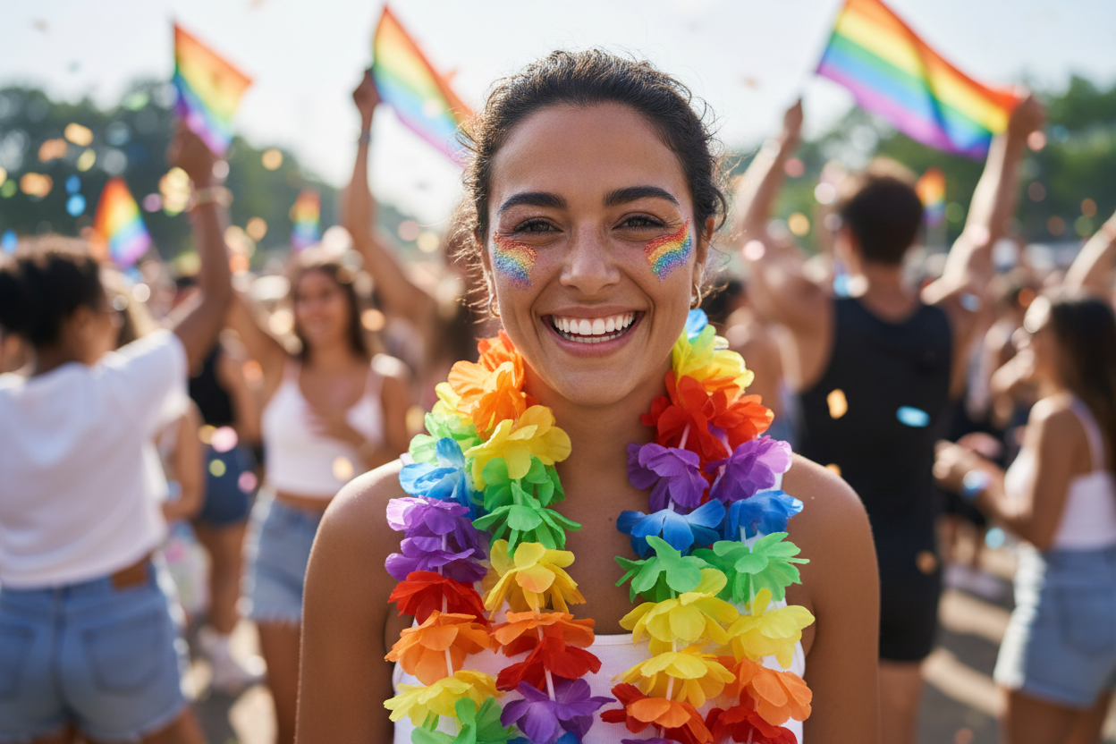 Rainbow pride lei worn at Pride festival