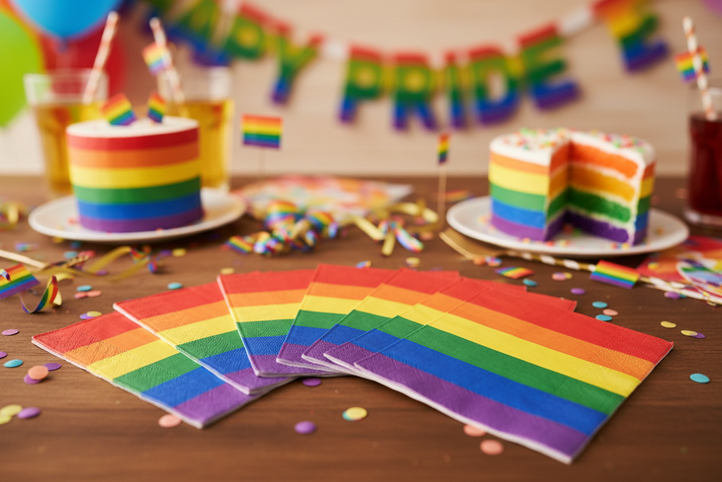 Rainbow pride napkins fanned out at party