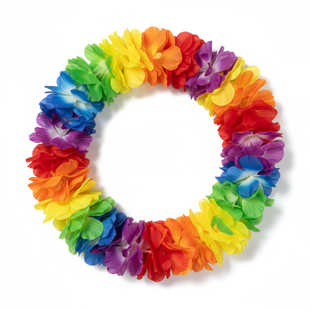Rainbow pride lei flat lay product shot