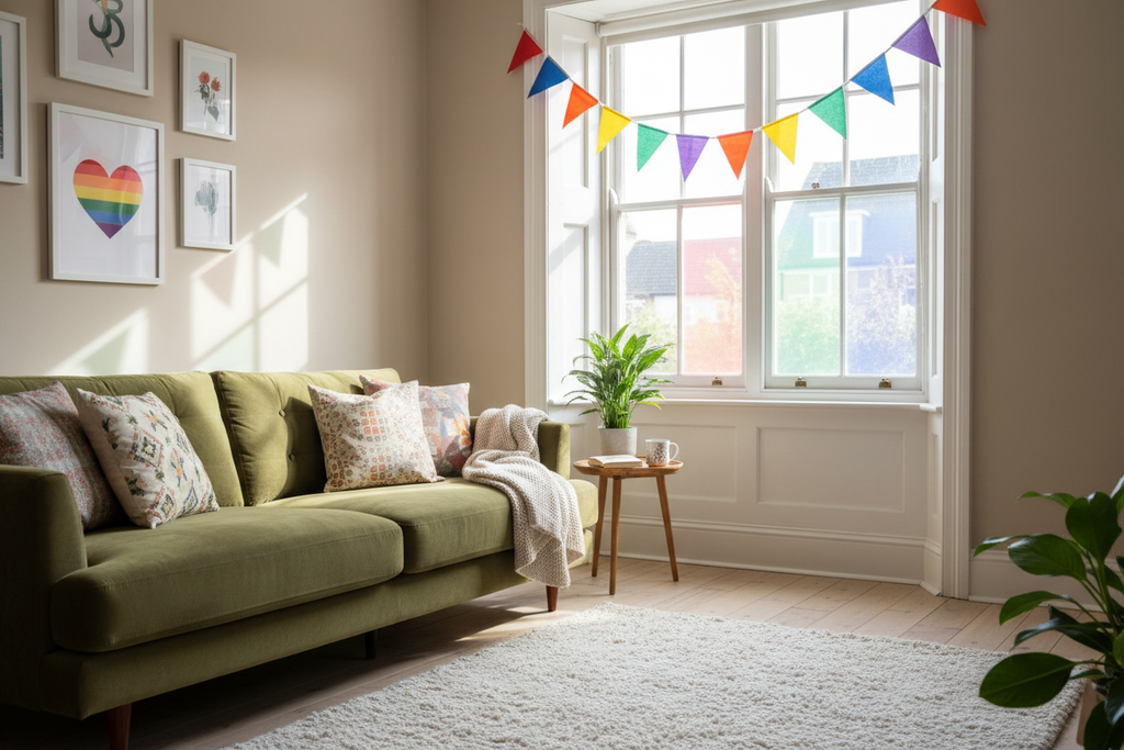 Rainbow bunting in living room