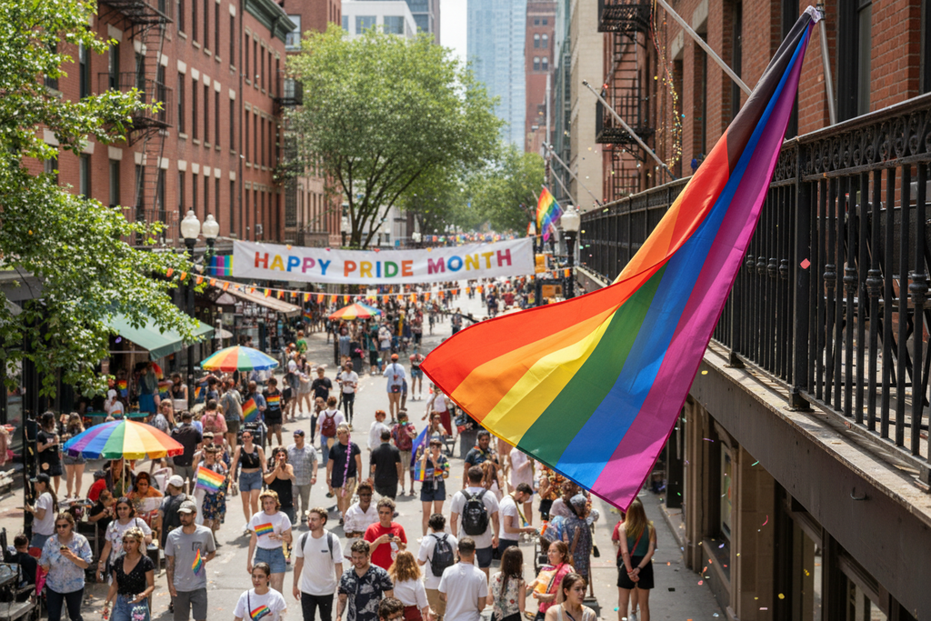 Progress Pride Flag draped over city balcony