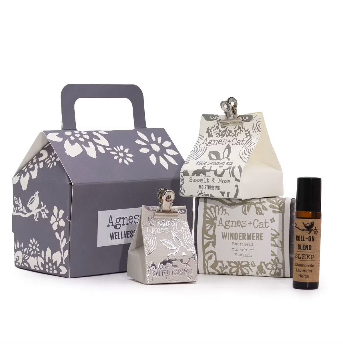 Agnes and Cat Lake Breeze wellness gift set with Windermere soap bar, Seasalt and Moss shampoo bar, salted caramel lip balm and sleep roll-on in grey house gift box